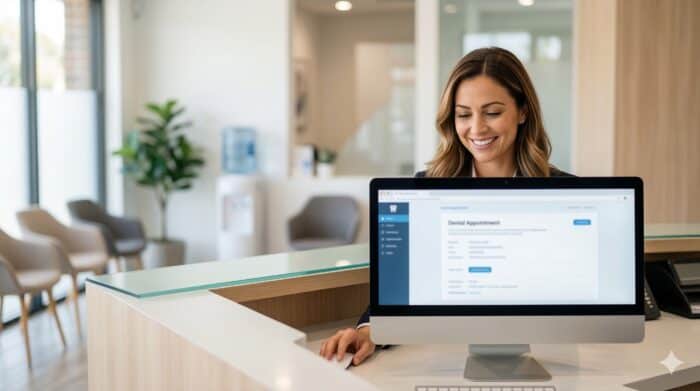 Friendly woman using AI-powered customer service platform on computer at reception desk, showcasing innovative AI Dial technology for efficient client interactions.