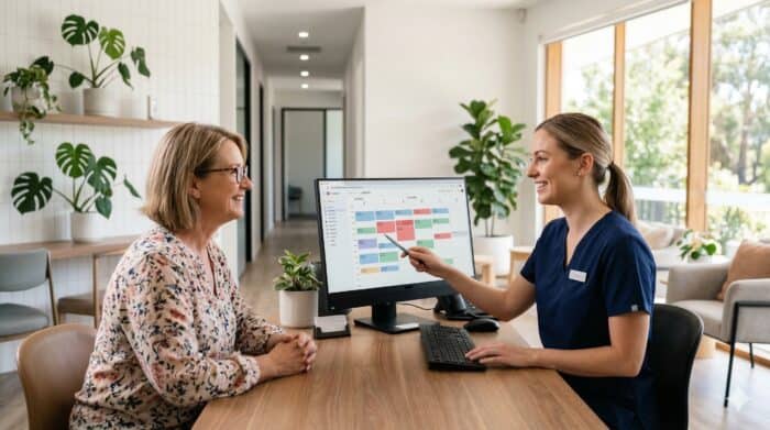 Friendly customer support representative assisting a client with scheduling on a computer in a modern, well-lit office environment, emphasizing AI-powered communication solutions.