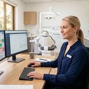 Female customer support agent working at a dual-monitor setup in a modern, bright office environment, providing professional assistance with AI-powered communication solutions.