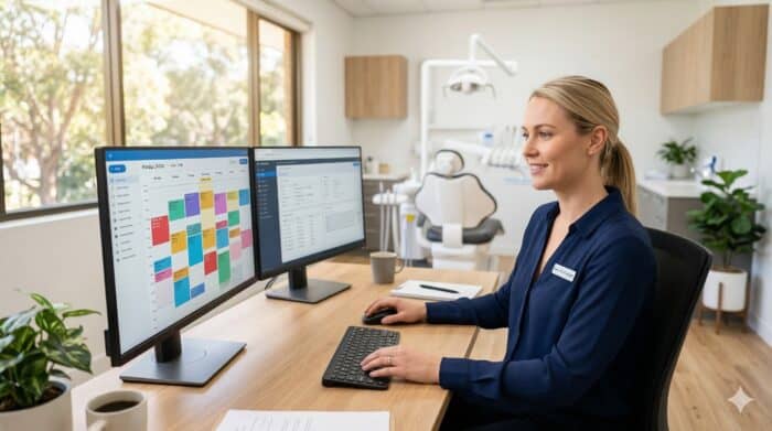 Female customer support agent working at a dual-monitor setup in a modern, bright office environment, providing professional assistance with AI-powered communication solutions.