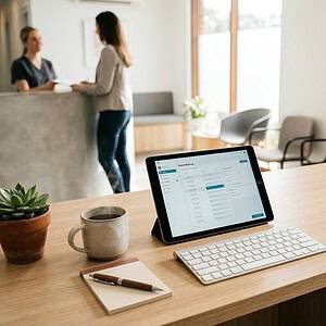 Modern office scene with a tablet displaying customer support software, a keyboard, and a notebook on a wooden desk, with two women engaging in a conversation in the background.