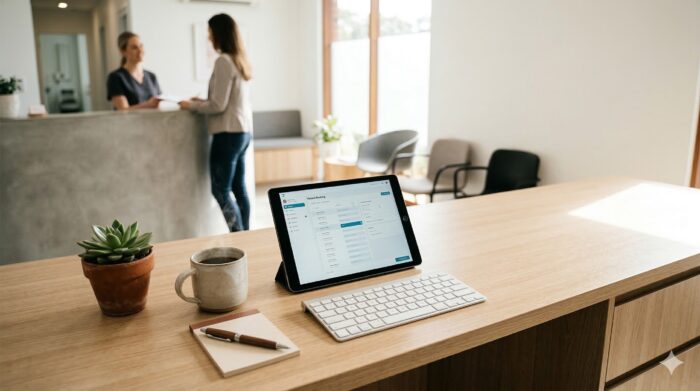 Modern office scene with a tablet displaying customer support software, a keyboard, and a notebook on a wooden desk, with two women engaging in a conversation in the background.