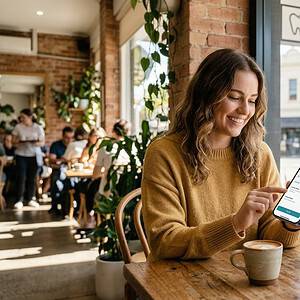 A woman smiling while using her smartphone at a cafe, promoting easy dental appointment booking with AiDial's innovative scheduling solutions.