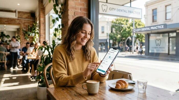 A woman smiling while using her smartphone at a cafe, promoting easy dental appointment booking with AiDial's innovative scheduling solutions.