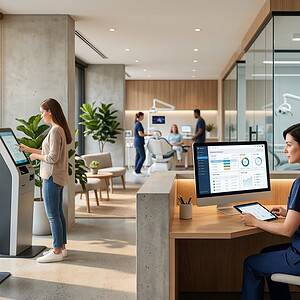 Modern healthcare reception area featuring digital check-in kiosks, a nurse working on a tablet, and advanced medical equipment, emphasizing innovative patient management solutions.
