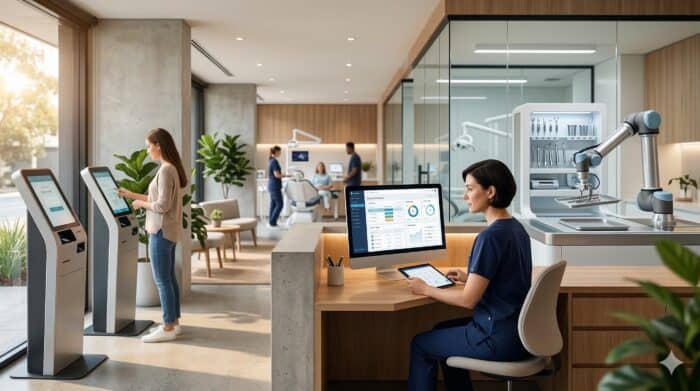 Modern healthcare reception area featuring digital check-in kiosks, a nurse working on a tablet, and advanced medical equipment, emphasizing innovative patient management solutions.