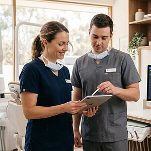 Healthcare professionals using AI Dial software on a tablet in a modern medical office, demonstrating patient communication and appointment management technology.