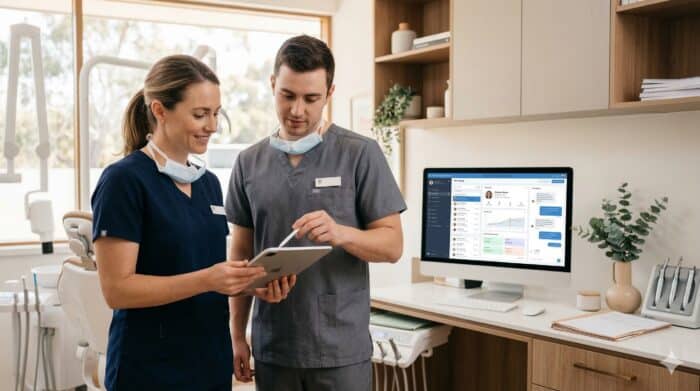 Healthcare professionals using AI Dial software on a tablet in a modern medical office, demonstrating patient communication and appointment management technology.