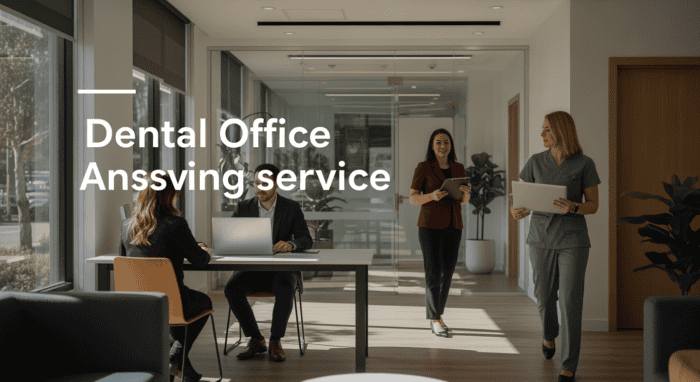 dental office answering service - Bright dental clinic interior with staff assisting patients and discussing treatment opt...