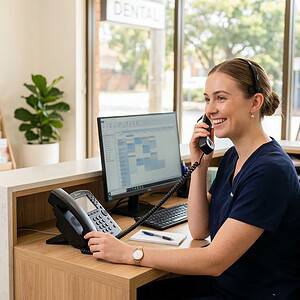 Friendly customer service representative using a landline phone at a modern reception desk, promoting AI-powered communication solutions for businesses.