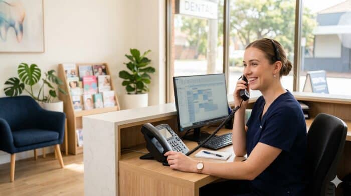 Friendly customer service representative using a landline phone at a modern reception desk, promoting AI-powered communication solutions for businesses.