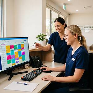 Two healthcare professionals working together at a modern reception desk, using a computer with scheduling software, representing efficient patient appointment management.