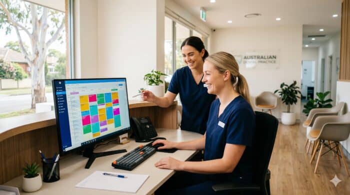Two healthcare professionals working together at a modern reception desk, using a computer with scheduling software, representing efficient patient appointment management.
