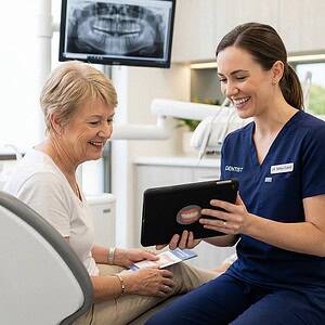 A nurse consulting with an elderly patient using a tablet in a modern dental clinic, highlighting telehealth dental services and patient care technology.