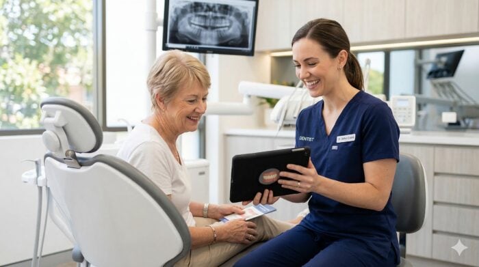 A nurse consulting with an elderly patient using a tablet in a modern dental clinic, highlighting telehealth dental services and patient care technology.
