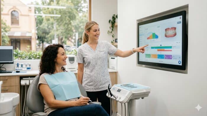 A dental professional explains digital dental health data on a large screen to a patient in a modern dental clinic, showcasing AI-powered dental consultation tools.