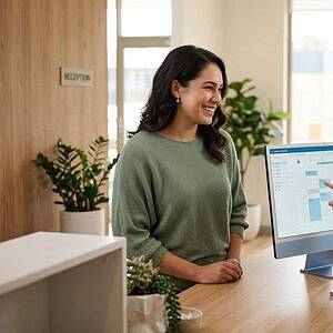 Friendly customer support representative assisting a client at a reception desk with a computer displaying scheduling or contact management software.