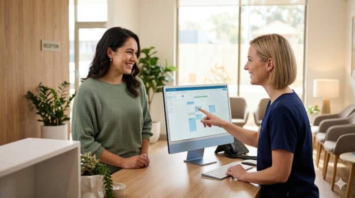 Friendly customer support representative assisting a client at a reception desk with a computer displaying scheduling or contact management software.