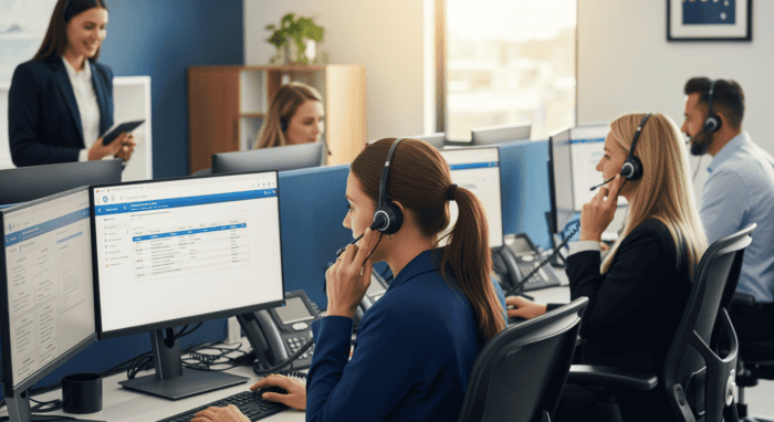 Customer support team using AI-powered call center software with headsets, working efficiently in a modern office environment to enhance customer service and communication.