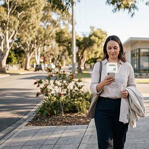 A woman walking outdoors on a sunny day, using her smartphone with trees and modern buildings in the background, representing AI-powered communication solutions.