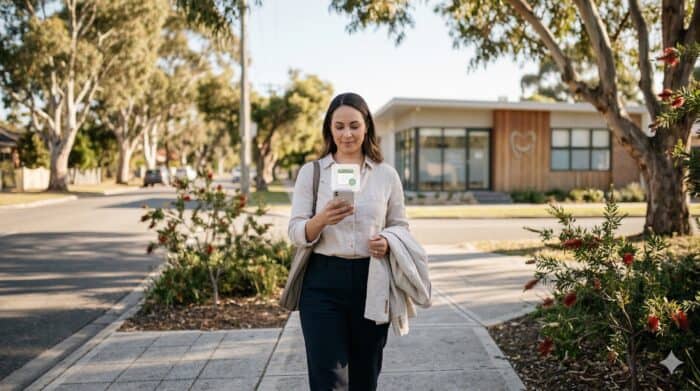 A woman walking outdoors on a sunny day, using her smartphone with trees and modern buildings in the background, representing AI-powered communication solutions.