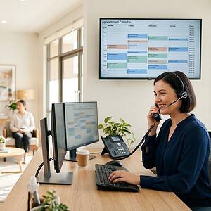 Friendly customer support agent with headset assisting clients in a modern office setting, with a large digital calendar on the wall and multiple computer screens.