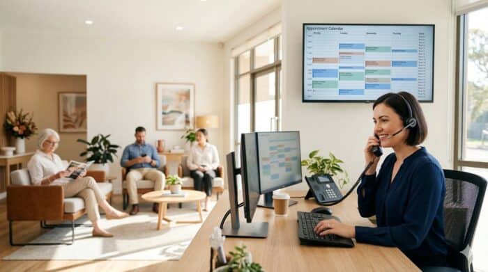Friendly customer support agent with headset assisting clients in a modern office setting, with a large digital calendar on the wall and multiple computer screens.