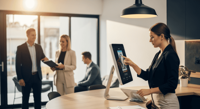 Business professionals using AI-powered communication technology in a modern office setting, showcasing innovative digital solutions for efficient business interactions.