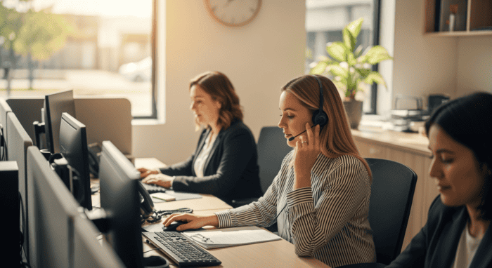 Customer support team using headsets and computers in a modern call center, providing AI-powered customer service solutions for businesses.