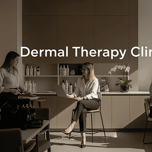 Modern dermal therapy clinics with professionals providing skin care treatments in a bright, welcoming environment, emphasizing skincare, dermatology, and aesthetic services.