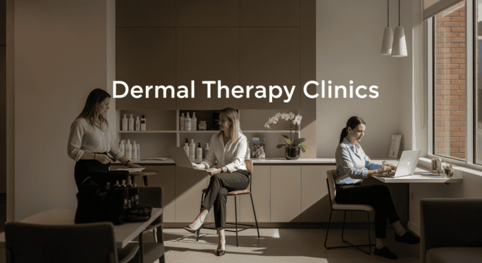 Modern dermal therapy clinics with professionals providing skin care treatments in a bright, welcoming environment, emphasizing skincare, dermatology, and aesthetic services.