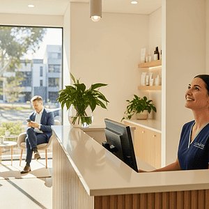Modern dermatology clinic reception with friendly staff, bright natural lighting, and comfortable seating, showcasing a professional environment for skin care consultations.