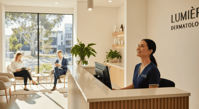 Modern dermatology clinic reception with friendly staff, bright natural lighting, and comfortable seating, showcasing a professional environment for skin care consultations.