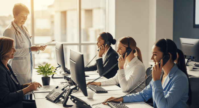 Customer support team using headsets at computers in a modern office, providing efficient AI-powered customer service solutions for businesses.