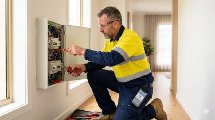 electrician answering service - Electrical technician in safety gear checking electrical panel with tools in a residential...