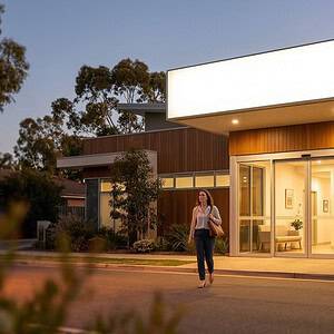 A contemporary commercial building featuring large glass windows and modern architecture, illuminated at sunset, suitable for business or office use in Australia.