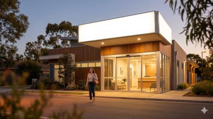 A contemporary commercial building featuring large glass windows and modern architecture, illuminated at sunset, suitable for business or office use in Australia.