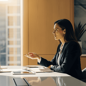 Professional business meeting between a man and woman in a modern office, discussing strategies with documents and digital devices, highlighting corporate communication and collaboration.