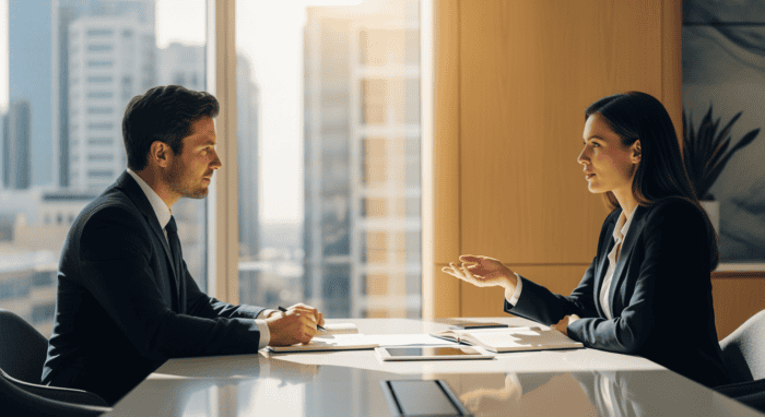 Professional business meeting between a man and woman in a modern office, discussing strategies with documents and digital devices, highlighting corporate communication and collaboration.