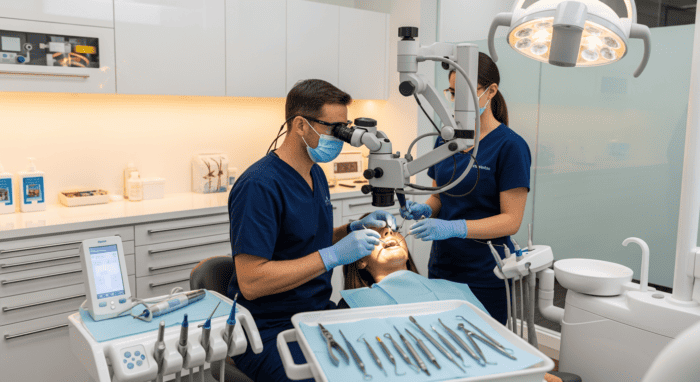 An experienced dentist performing a dental procedure using a microscope, with a dental assistant in a contemporary clinic setting, emphasizing advanced dental care and technology.