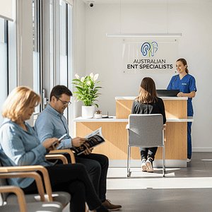 Modern clinic reception with Australian ENT specialists, patients waiting comfortably, and a friendly staff member assisting in a well-lit, professional healthcare environment.