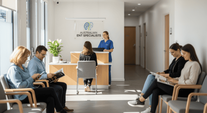 Modern clinic reception with Australian ENT specialists, patients waiting comfortably, and a friendly staff member assisting in a well-lit, professional healthcare environment.