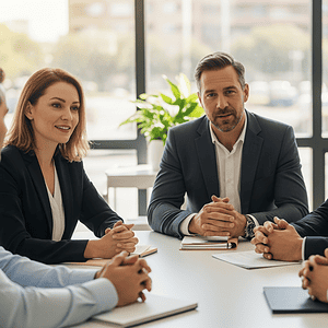 A group of professionals engaged in a business meeting around a table in a bright, modern office with large windows and natural light, discussing strategies and collaboration.