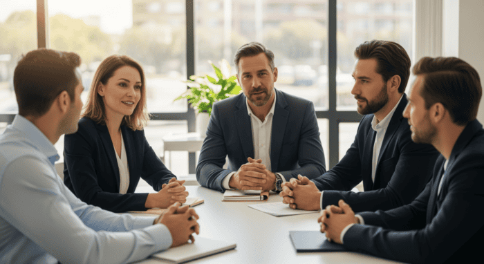 A group of professionals engaged in a business meeting around a table in a bright, modern office with large windows and natural light, discussing strategies and collaboration.