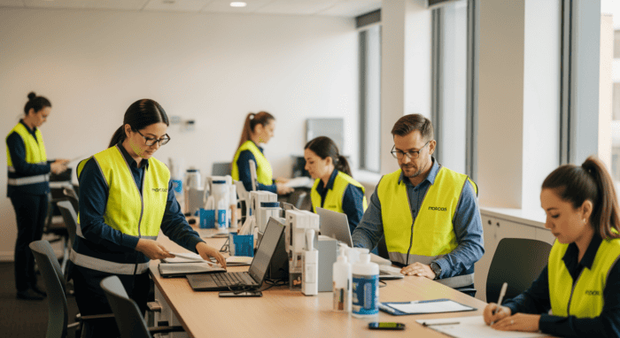 A professional call center team working at desks with computers, wearing high-visibility vests, in a bright office environment, showcasing customer service and communication solutions.