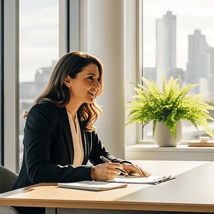 Business professionals engaging in a customer service consultation in a modern office with city skyline view, emphasizing AI-powered communication solutions.
