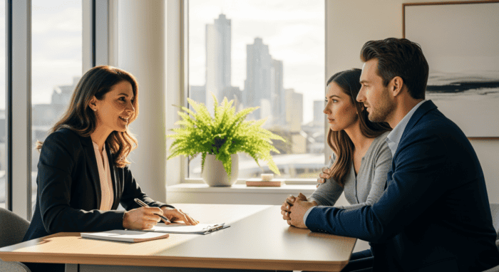 Business professionals engaging in a customer service consultation in a modern office with city skyline view, emphasizing AI-powered communication solutions.