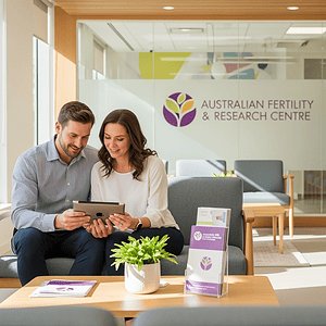 Two professionals discussing fertility options at the Australian Fertility & Research Centre, showcasing expert care and advanced reproductive services in a welcoming clinic environment.