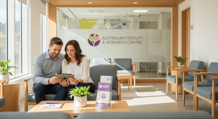 Two professionals discussing fertility options at the Australian Fertility & Research Centre, showcasing expert care and advanced reproductive services in a welcoming clinic environment.