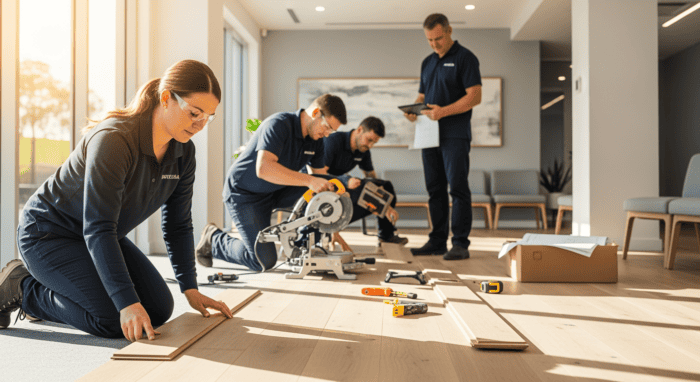 Skilled workers installing new wooden flooring in a contemporary living room during a home renovation project, with tools and materials on the floor.